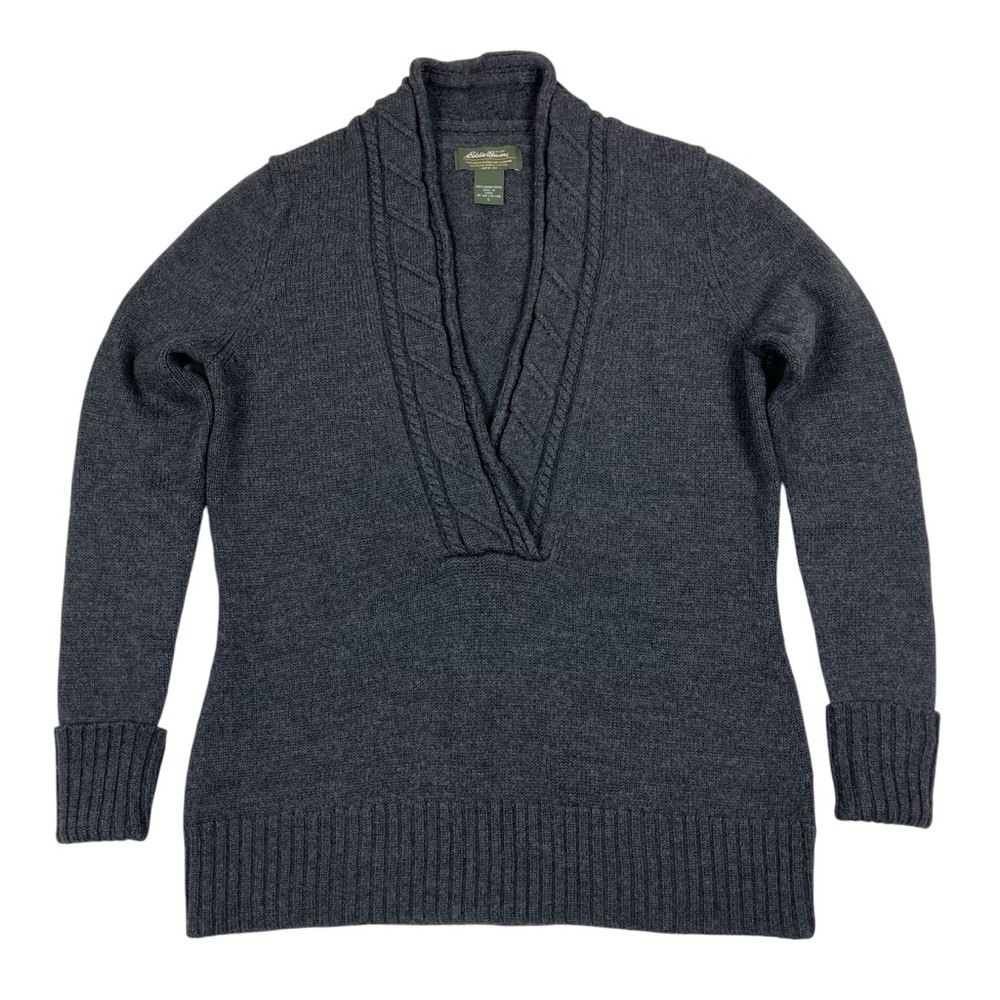 Eddie Bauer Charcoal Gray Merino Wool V-Neck Sweater Long Sleeve Size M